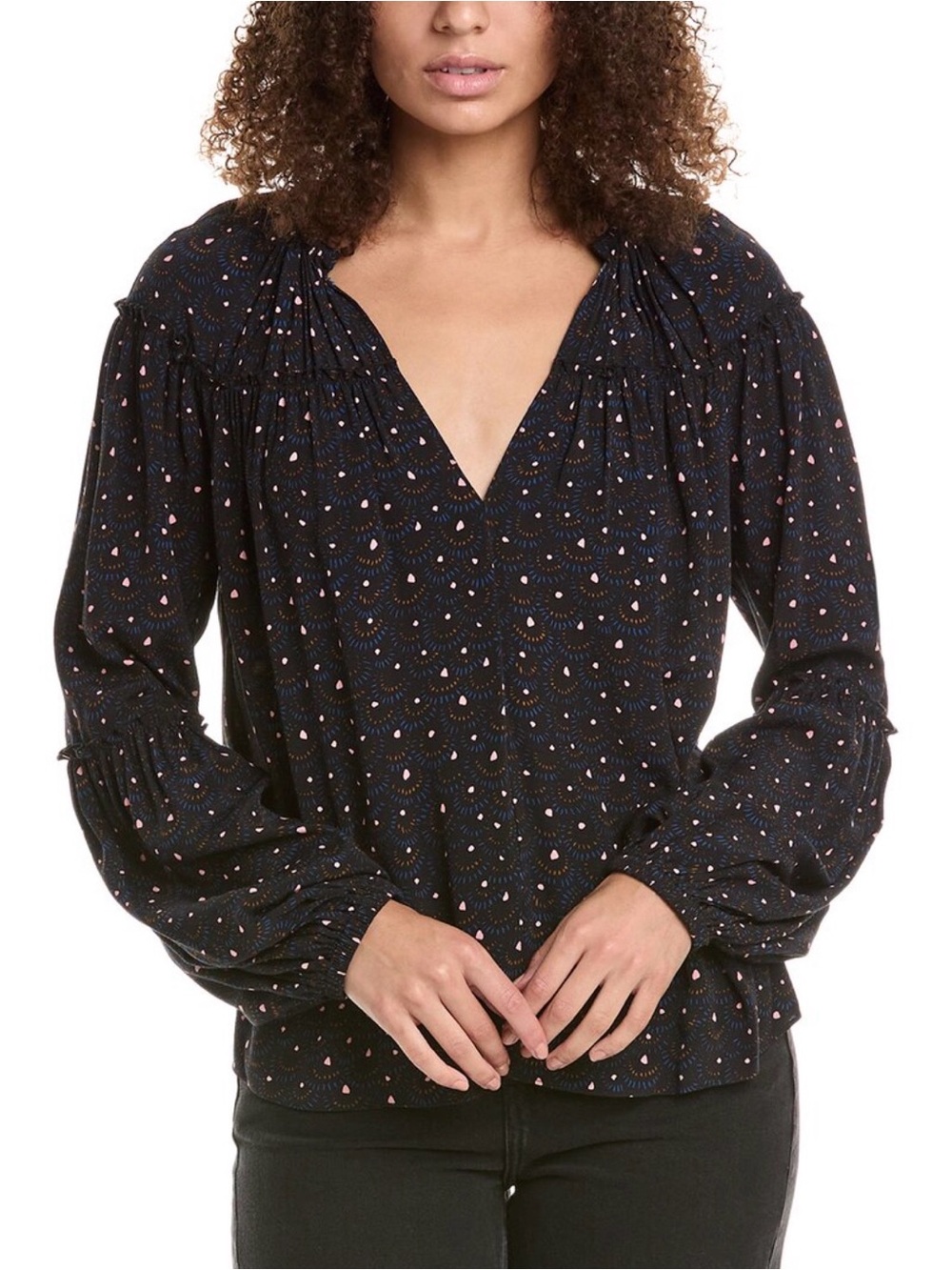 A.L.C. Jenna Abstract Print Peasant Blouse Top Black Blue Multi Size 6